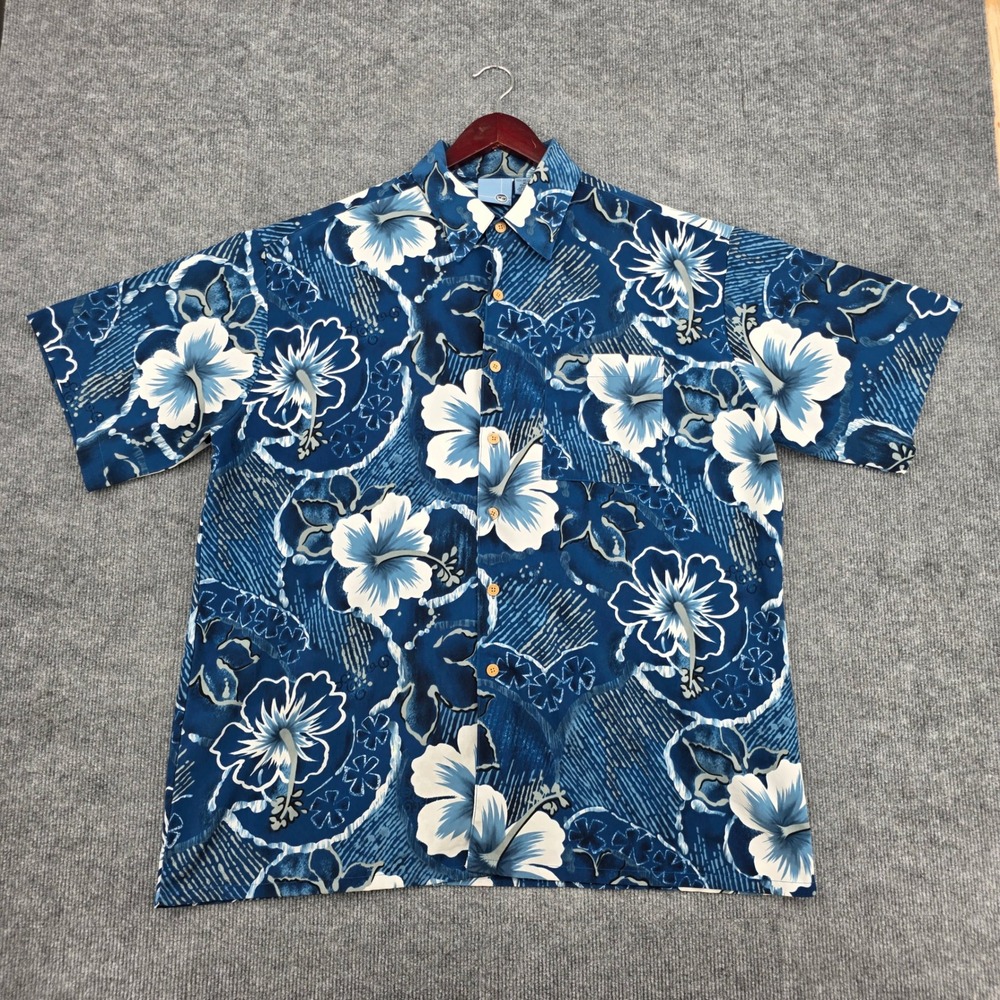XG Mens XL Blue Hibiscus Floral Hawaiian Shirt Short Sleeve Button Up Tropical